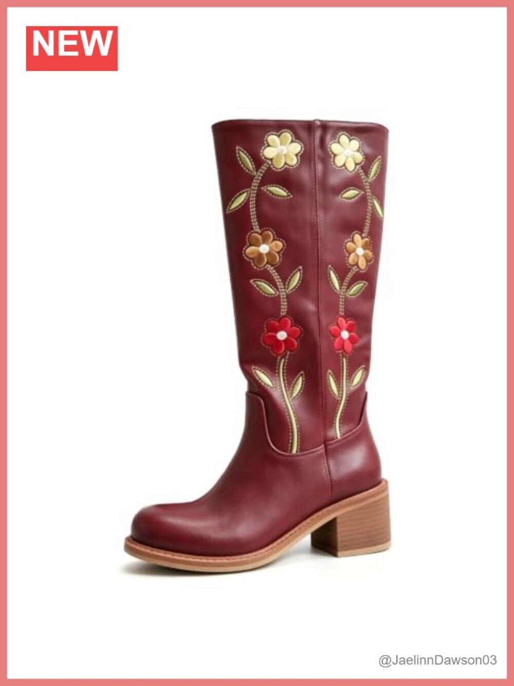 Floral Embroidered Western Cowboy Boots Mid Calf Square Heel Pull On Boots